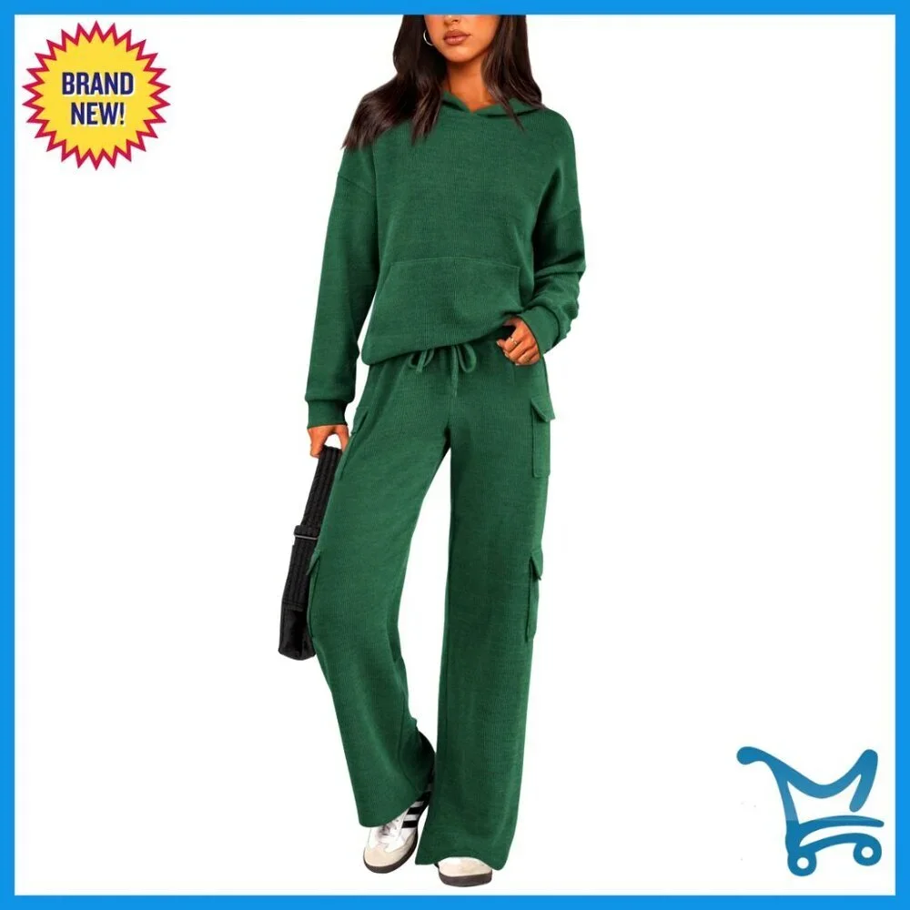 Cozy Knit Hoodie Set Lounge Tracksuit Cargo Pants Oversized Chic Winter Wear